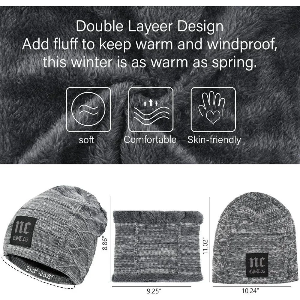 Men's Grey Winter Warm Knit Thick Fleece Lined Skull Beanie Hat Scarf Set